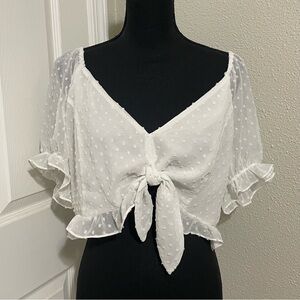 BCBGeneration NWOT White Front Tie Crop Top LARGE Polka Dot Delicate